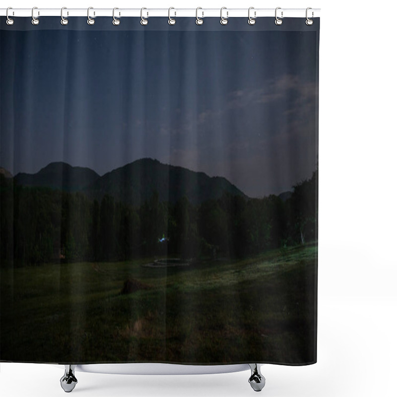 Personality  Beautiful Night Landscape With Starry Night Mountains And Forest. Night Forest With Green Meadow And Mountains In Bright Starry Night Or View Of Milky Way Shower Curtains