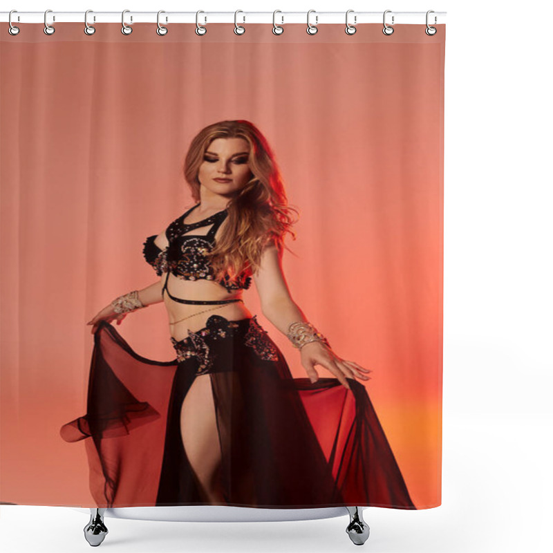 Personality  Young Woman In Captivating Black And Red Attire, Gracefully Dancing A Mesmerizing Belly Dance. Shower Curtains