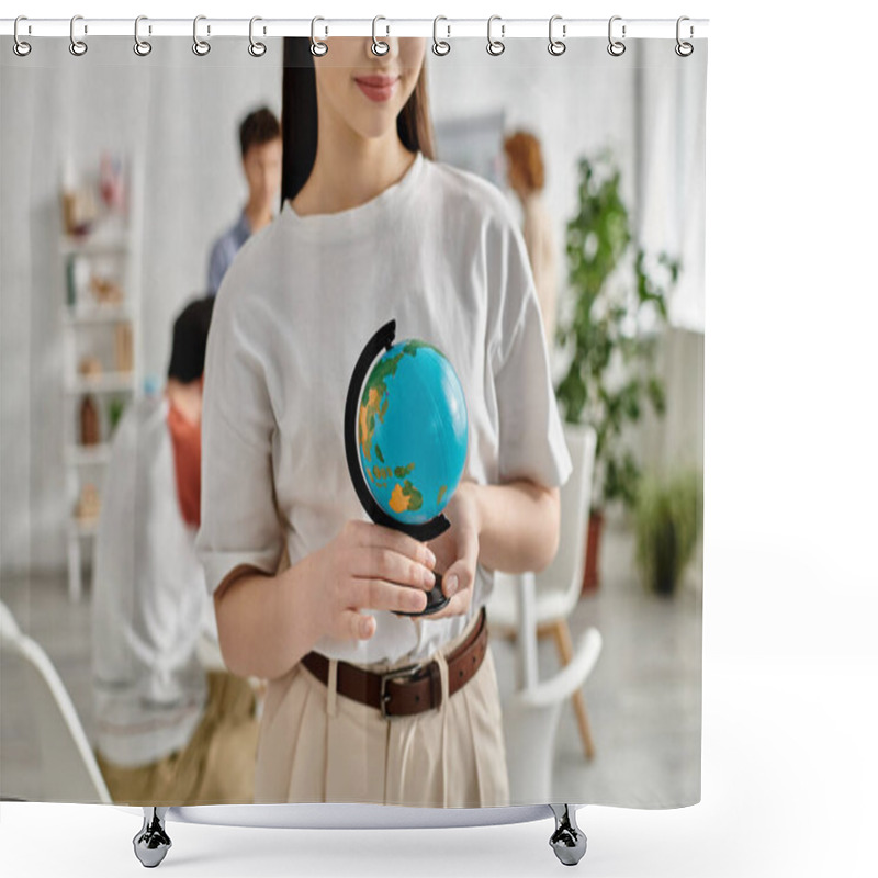 Personality  A Teenage Girl Holds A Globe During A UN Model Conference. Shower Curtains