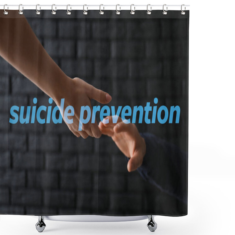 Personality  Woman Giving Hand To Depressed Man Against Dark Background. Suicide Prevention Concept Shower Curtains