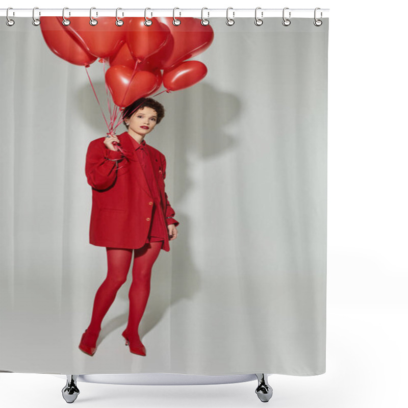 Personality  A Stylish Young Woman Dressed In Red Holds Vibrant Heart Shaped Balloons, Exuding Charm. Shower Curtains