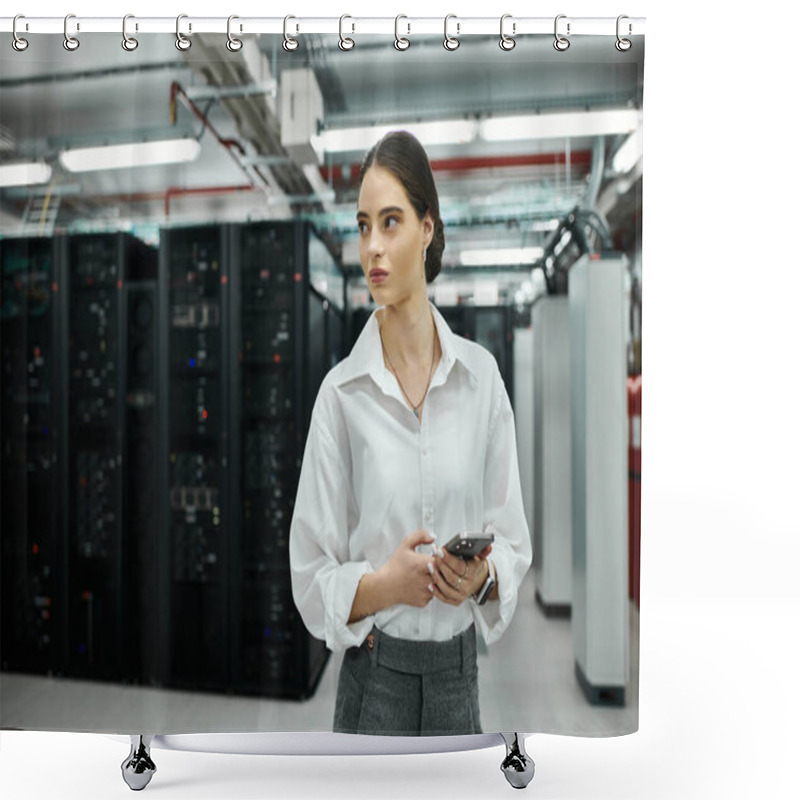 Personality  Dedicated IT Specialist In A White Shirt Monitors Server Status In A High-tech Environment. Shower Curtains