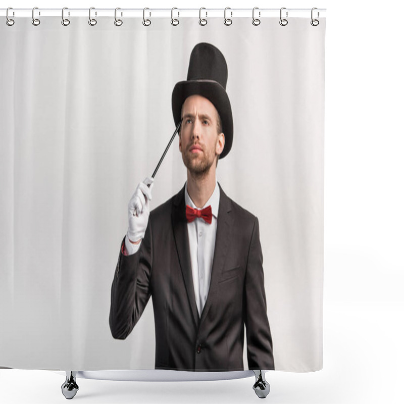 Personality  Pensive Magician In Suit And Hat Holding Wand, Isolated On Grey Shower Curtains