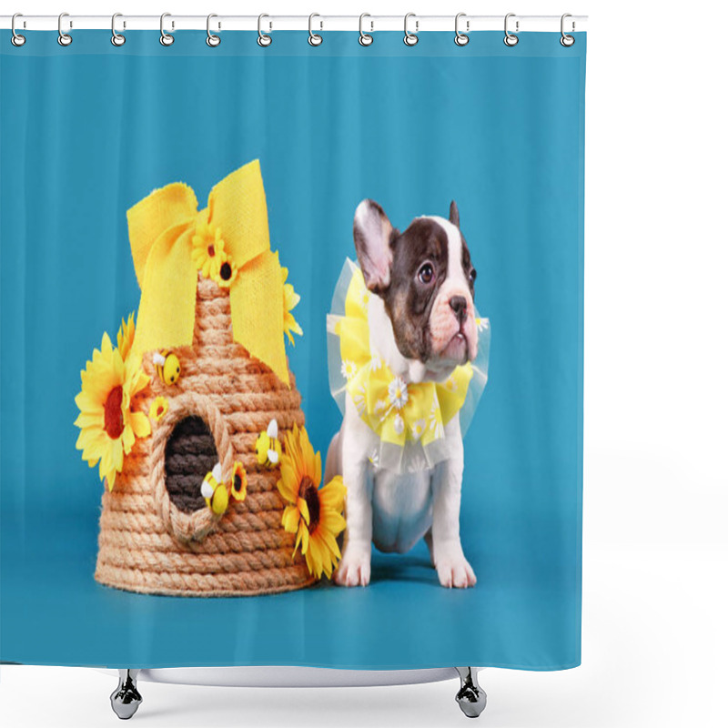 Personality  Pied Tan French Bulldog Dog Puppy Yellow Collar Sitting Next To Beehive On Blue Backgroun Shower Curtains