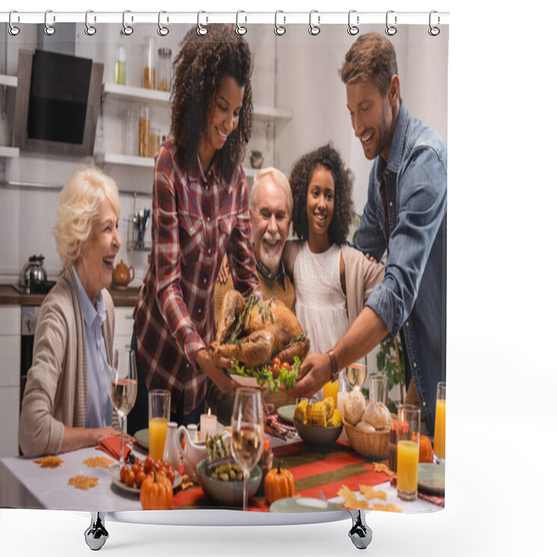 Personality  Selective Focus Of Multiethnic Family Standing Near Turkey And Thanksgiving Dinner At Home  Shower Curtains