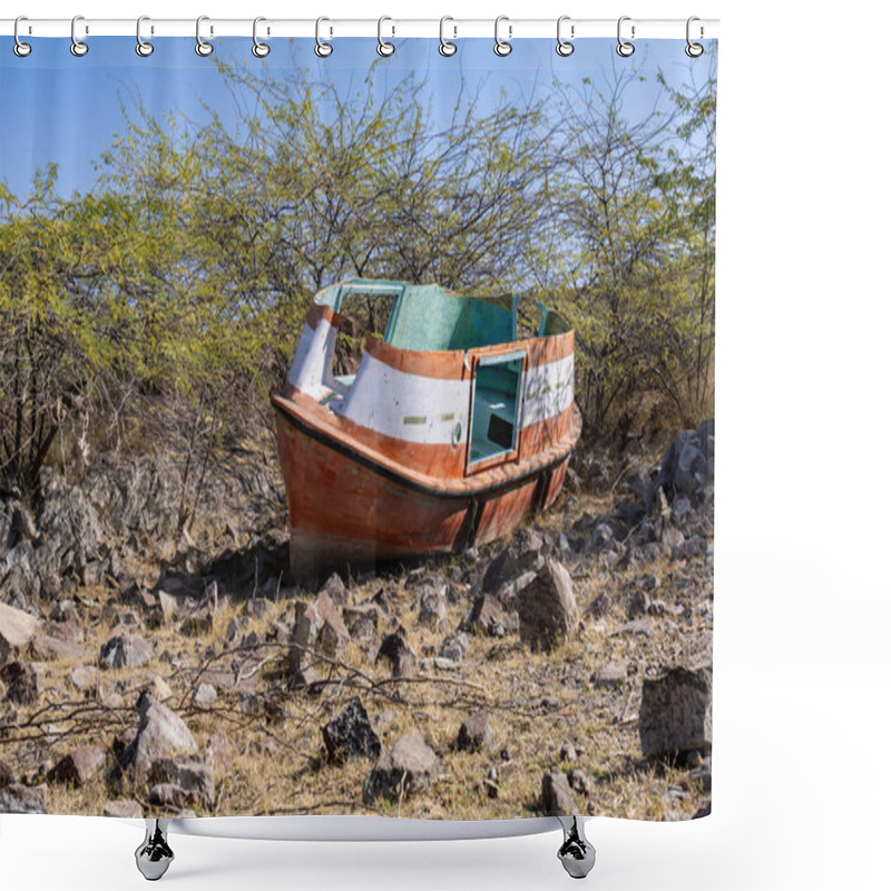 Personality  Isolated Rusted Speed Boat Kept At Forest At Day From Flat Angle Shower Curtains