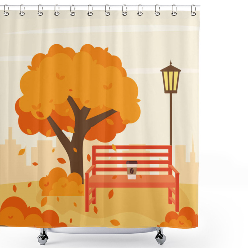 Personality  Autumn City Park With Bench And Street Lamp. Vector Illustration Of A Flat Style. Eps 10 Shower Curtains