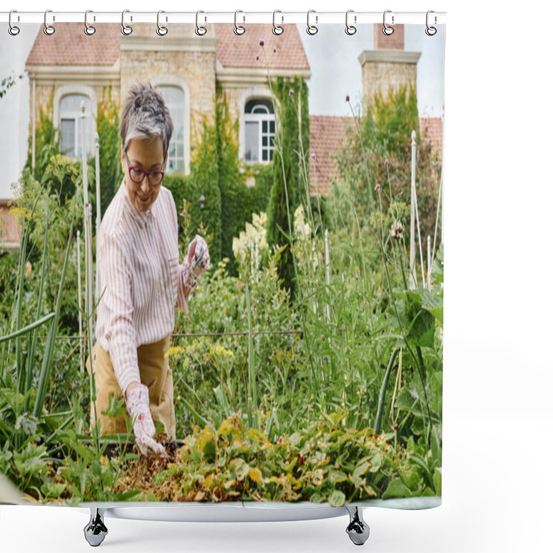 Personality  Good Looking Happy Mature Woman With Glasses Working In Her Vivid Green Garden And Smiling Joyfully Shower Curtains