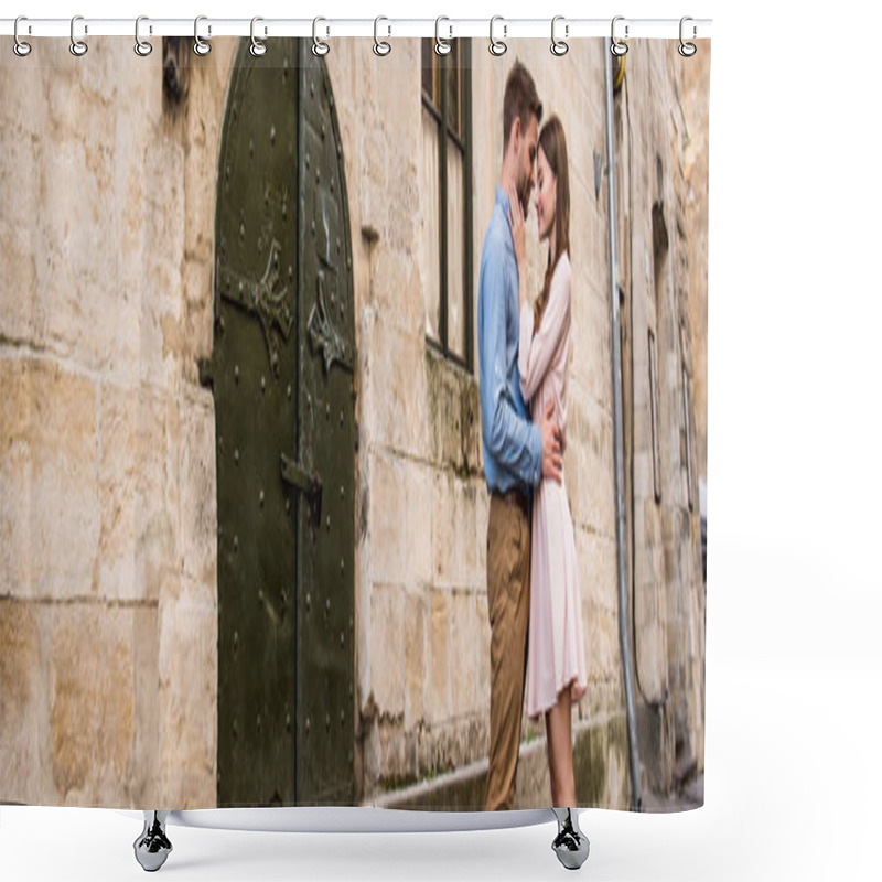 Personality  Panoramic Shot Of Young Couple Embracing While Standing Near Old Stone Castle Shower Curtains