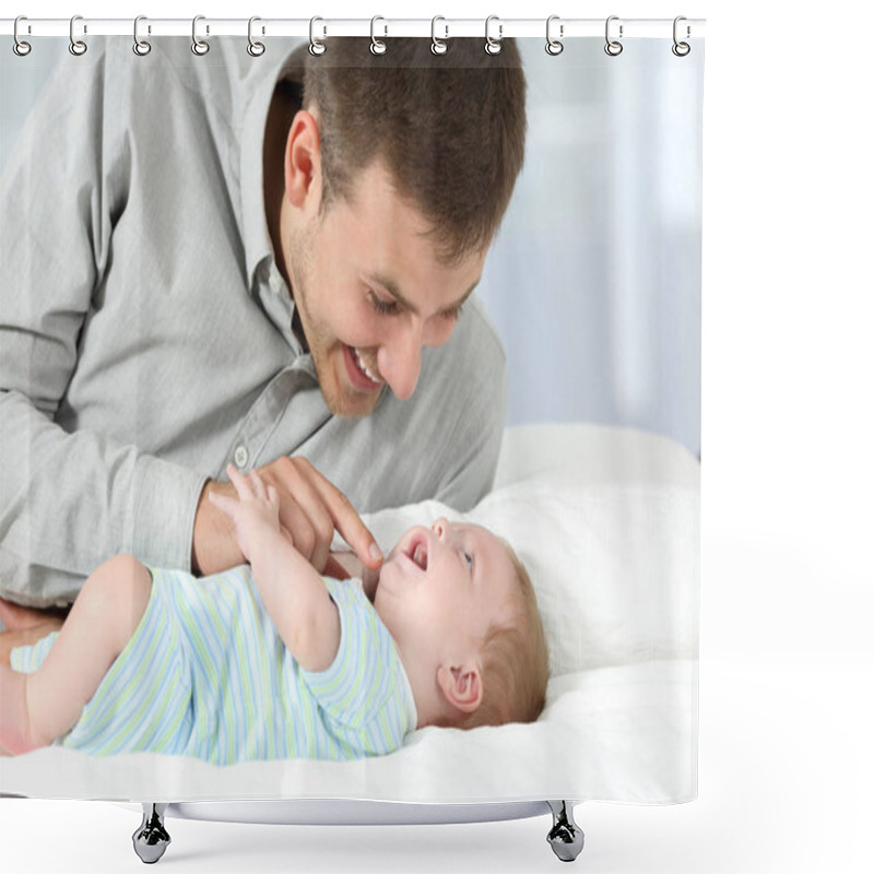 Personality  Happy Father Playing With His Baby Son Shower Curtains