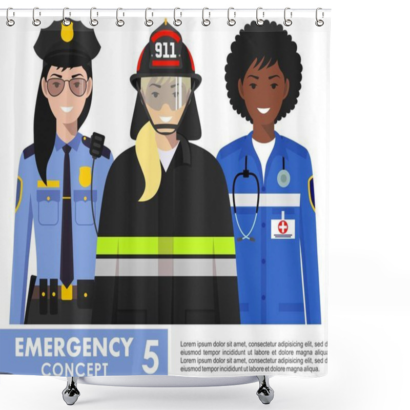 Personality  Emergency Concept. Detailed Illustration Of Female Firefighter, Doctor And Policeman In Flat Style On White Background. Vector Illustration. Shower Curtains