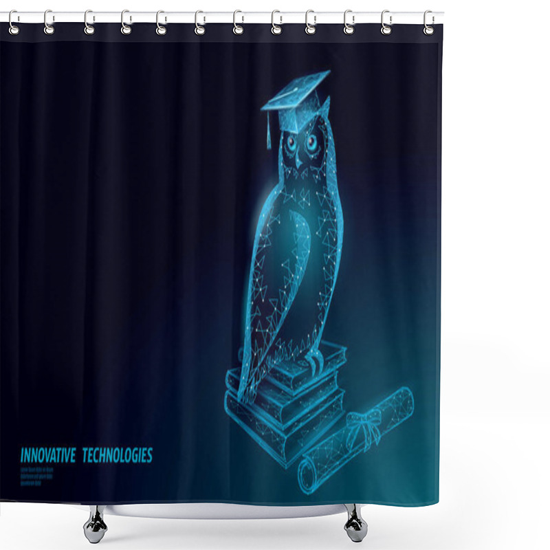 Personality  Owl Bird Symbol Of Wise Education. E-learning Distance Concept. Graduate Certificate Program Concept. Low Poly 3D Internet Education Course Degree Vector Illustration Shower Curtains