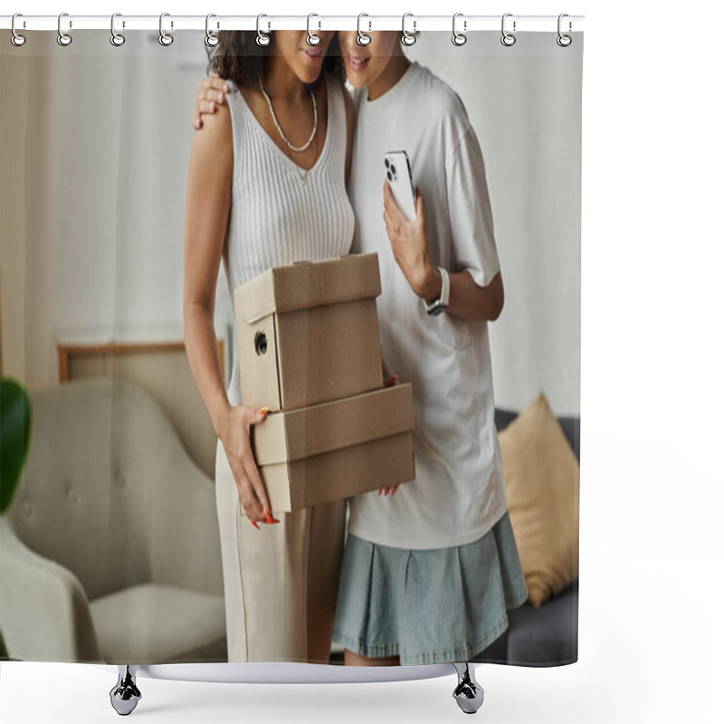 Personality  A Loving Couple Joyfully Upcycling Their Clothes Together, Box In Hands. Shower Curtains