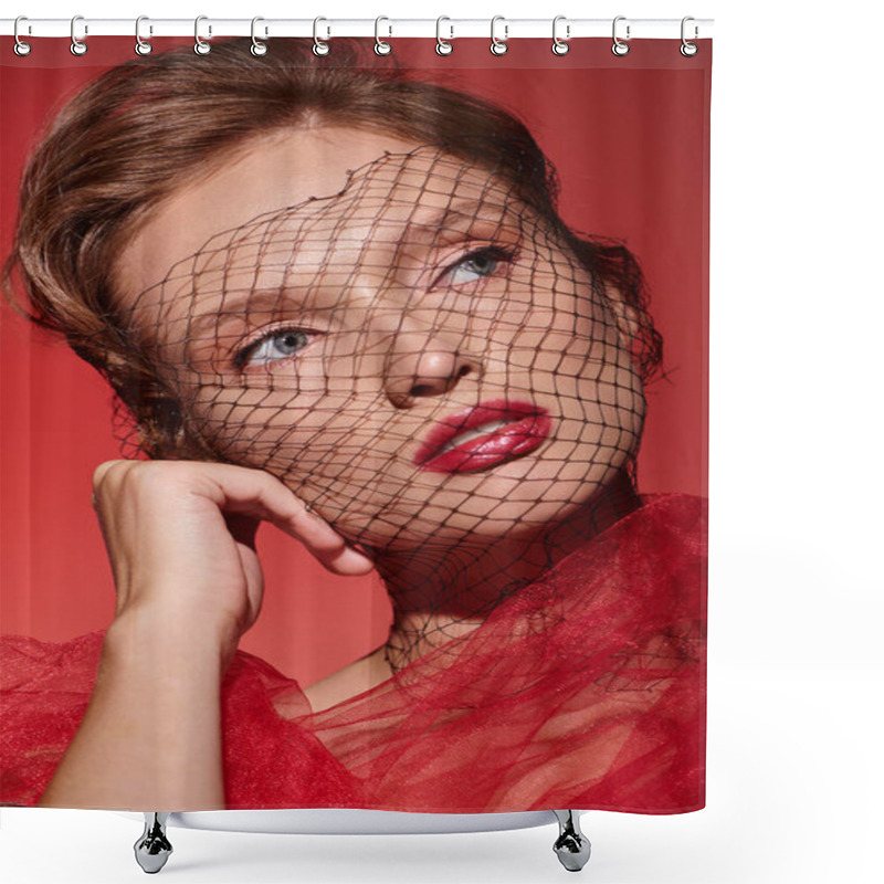 Personality  A Young Woman, Exuding Elegance, Wears A Red Dress And A Veil That Obscures Her Face. Shower Curtains