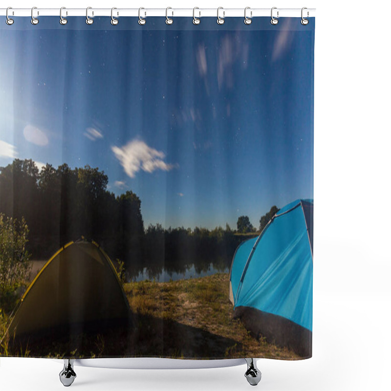 Personality  Tourist Tents At Riverbank In Forest In Summer Morning  Shower Curtains