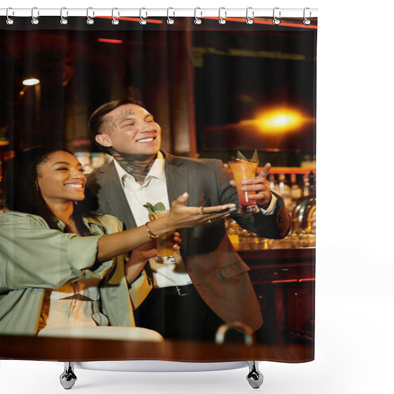 Personality  Young Couple Celebrates Their Relationship With Drinks During A Fun Night Out. Shower Curtains