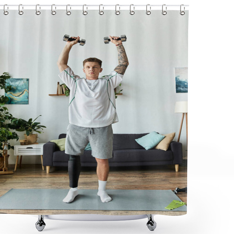 Personality  A Handsome Young Man Lifts Weights Over His Head While Standing On A Mat In A Cozy Living Area. Shower Curtains