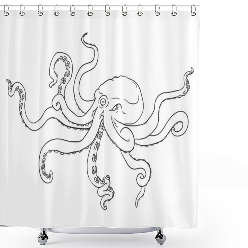 Personality  Vector Black Outline Illustration - Octopus. Wild Underwater Animal. Shower Curtains