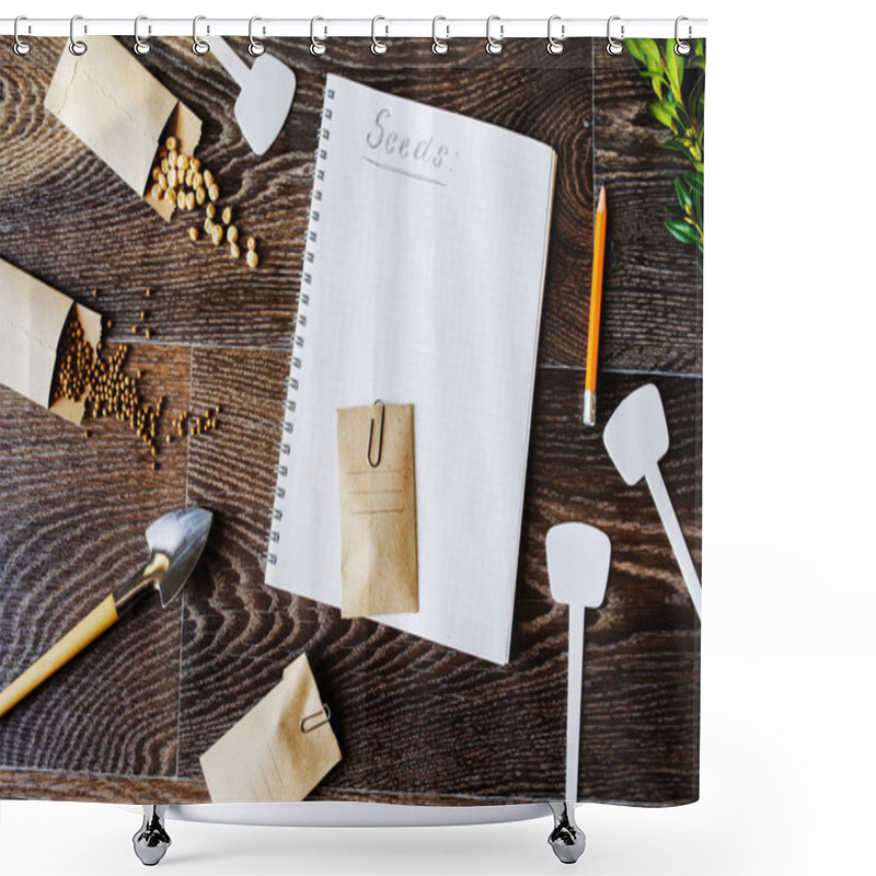 Personality  Spring Garden Preparation For Sowing Vegetable Seeds And Planning. Pumpkin, Coriander With Labels, Peat Pots And Tools On Note Book. Seasonal Garden Work. Shower Curtains