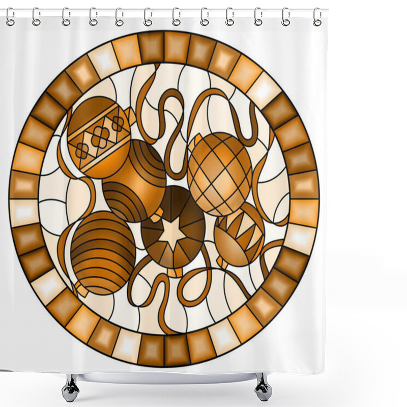 Personality  Illustration In Stained Glass Style With Still Life Of New Year Toys And Serpentine, Oval Image In Frame, Tone Brown Shower Curtains