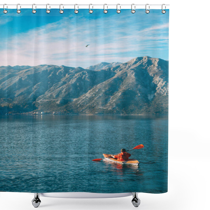 Personality  Kayaks In The Lake. Tourists Kayaking On The Bay Of Kotor, Near Shower Curtains