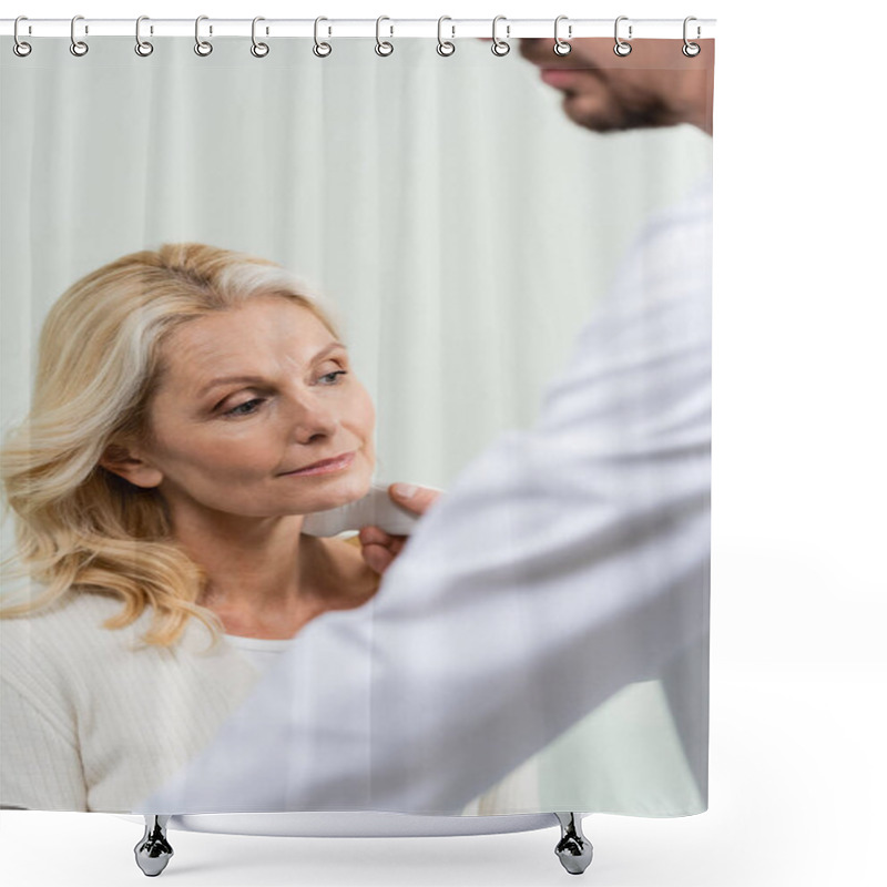 Personality  Blurred Physician Doing Ultrasound Diagnostics Of Middle Aged Woman In Clinic Shower Curtains