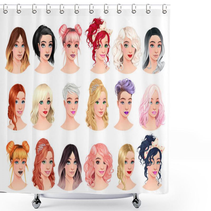 Personality  Set Of Fashion Female Avatars. Vector File, Isolated Characters. Shower Curtains