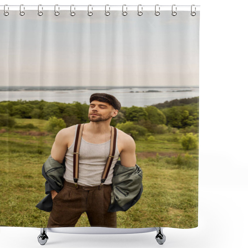 Personality  Fashionable And Bearded Man In Jacket, Suspenders And Newsboy Cap Holding Hands In Pockets And Looking Away While Standing With Blurred Nature At Background, Fashion-forward In Countryside Shower Curtains