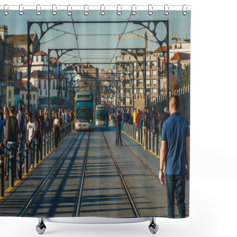 Personality  A Bustling Urban Scene With Trams And Pedestrians Sharing A Bridge, Framed By Distinctive Architectural Elements And Vibrant City Life, Capturing The Dynamic Energy Of Public Transportation And Community Shower Curtains