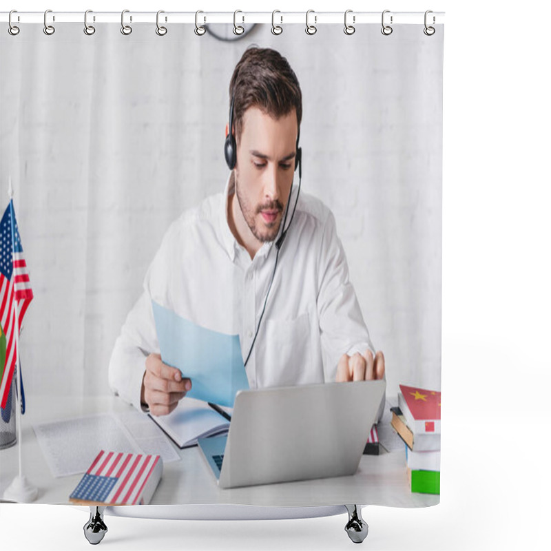 Personality  Young Translator In Headset Holding Document While Working On Laptop Near Dictionaries And American Flag  Shower Curtains