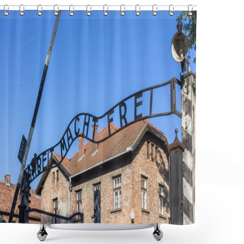 Personality  Gateway To The Factory Of Death. Entrance To The Factory Of Death In Auschwitz. Auschwitz-Birkenau Concentration Camp. Memorial To Auschwitz. Concentration Camp In Poland. Horrors Of War. Factory Of Death. The Second World War. Cruelty Of The Nazis. Shower Curtains