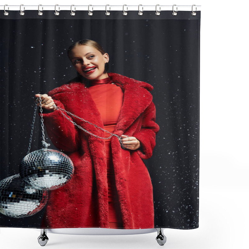 Personality  The Young Woman Radiates Joy, Dressed In A Striking Red Coat, Holding Shimmering Disco Balls. Shower Curtains