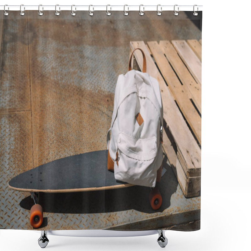 Personality  Close Up View Of Backpack On Skateboard Near Wooden Pallet  Shower Curtains