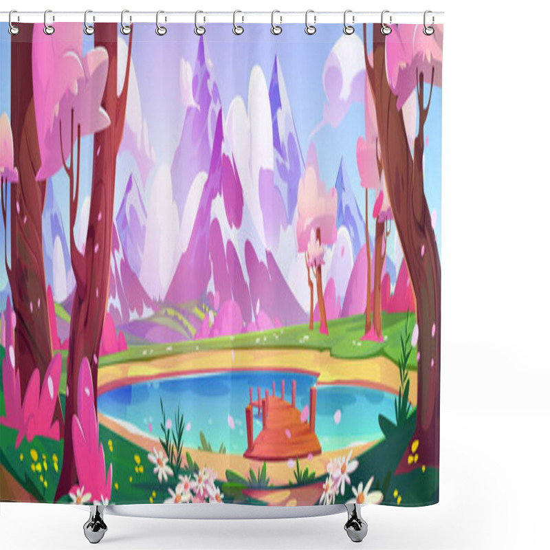 Personality  Pink Blossom Around Lake With Mountain View. Vector Cartoon Illustration Of Wooden Pier On Water, Spring Forest Trees, Flowers And Green Grass In Valley, Glacier On Snowy Peaks, Beautiful Scenery Shower Curtains