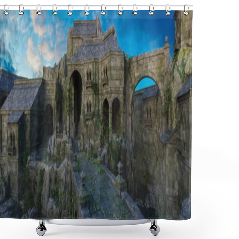 Personality  Cinematic View Of A Medieval Fantasy Castle In The Mountains With Stone Bridge Over A River Gorge. 3D Illustration. Shower Curtains