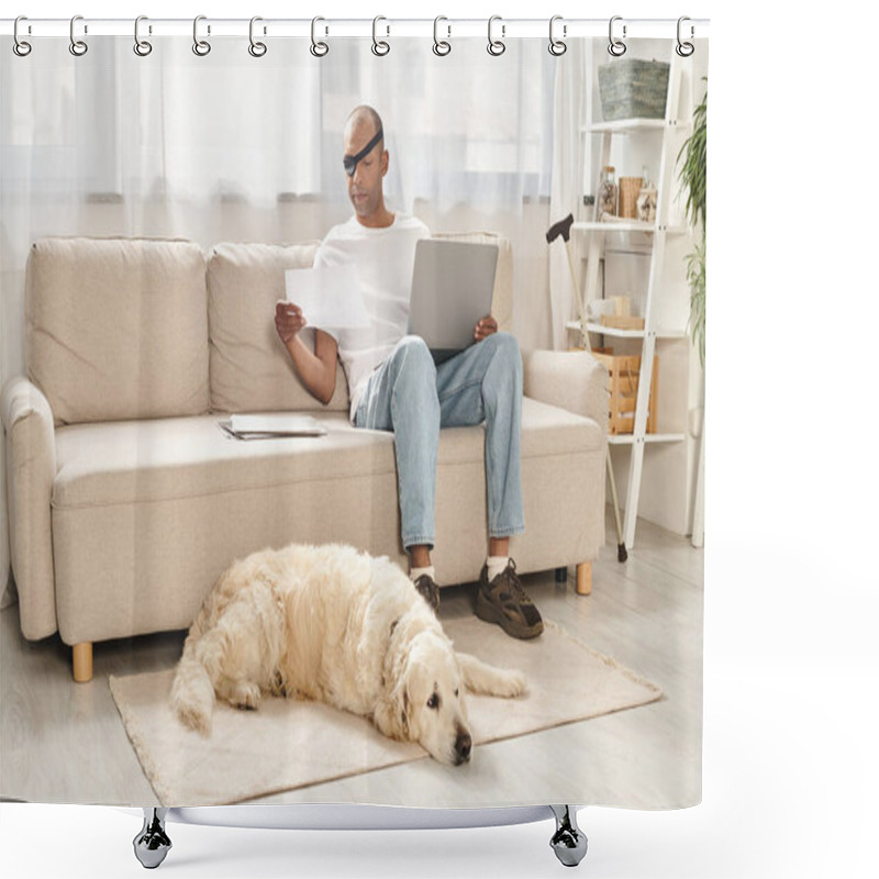 Personality  A Man, Battling Myasthenia Gravis, Sits On A Couch With A Laptop, Accompanied By His Loyal Labrador Dog. Shower Curtains