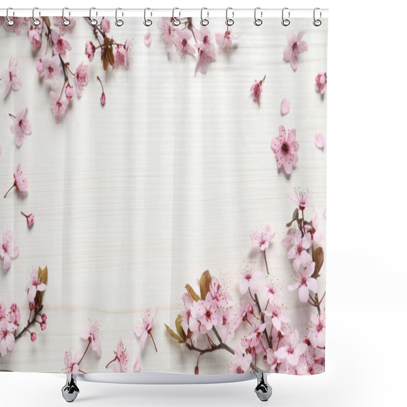 Personality  Frame Of Beautiful Spring Tree Blossoms On White Wooden Table, Flat Lay. Space For Text Shower Curtains