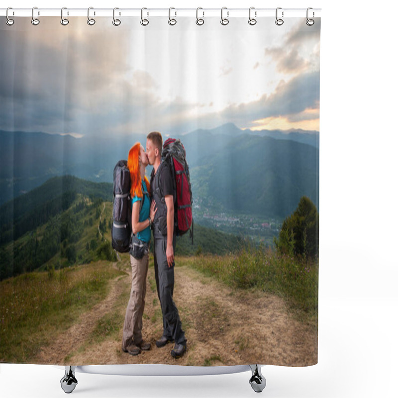 Personality  Loving Couple Backpackers Is Kissing On The Road In The Mountains. On The Background - Mighty Mountains, Forests, Hills And Clouds Sky Shower Curtains