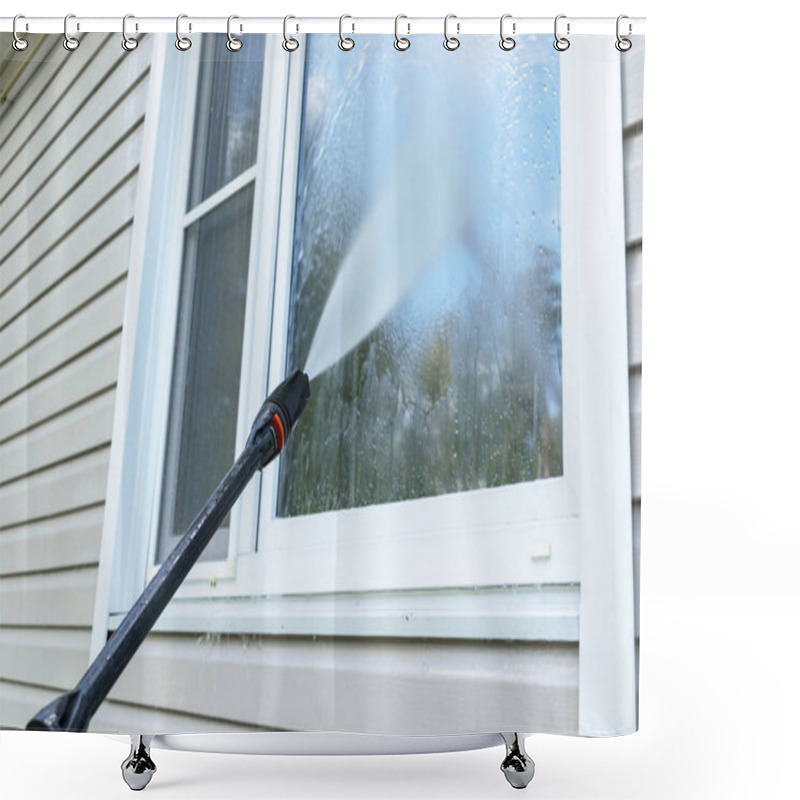 Personality  Cleaning Service Washing Building Facade And Window With Pressure Water. Cleaning Dirty Wall With High Pressure Water Jet. Power Washing The Wall. Cleaning The Facade Of The House. Before And After Washing Shower Curtains