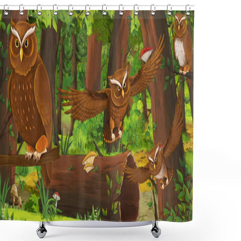 Personality  Cartoon Summer Scene With Deep Forest And Birds Owls And Some Other Bird - Nobody On Scene - Illustration For Children Shower Curtains