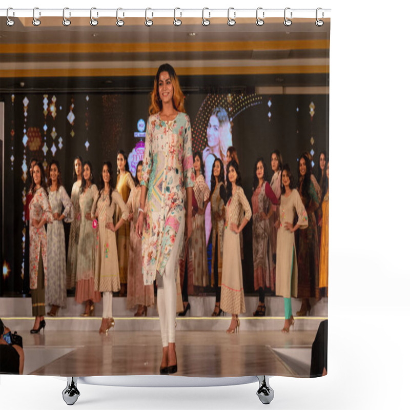 Personality  New Delhi, Delhi / India - Feb 2020 : Young And Beautiful Indian Female Models Performing Ramp Walk In Fashion Event At Delhi Shower Curtains