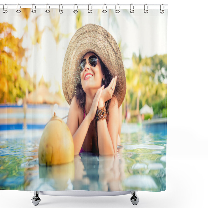 Personality  Close-up Of Woman Portrait Smiling And Drinking A Long Cocktail From Coconut Fruit On Exotic Island Resort Shower Curtains