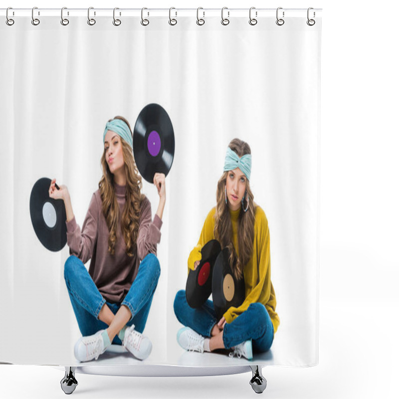 Personality  Attractive Retro Styled Young Twins Sitting With 12 Inch Vinyls Isolated On White Shower Curtains