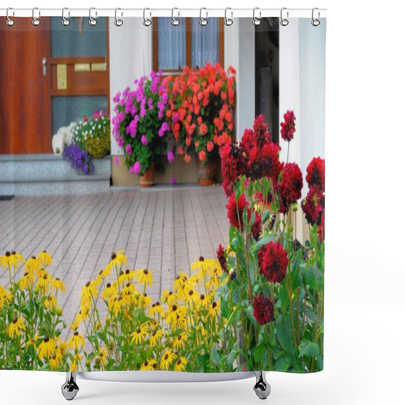 Personality  Black Forest House With Flower Garden In Summer, Different Summer Flowers In The Garden  Shower Curtains