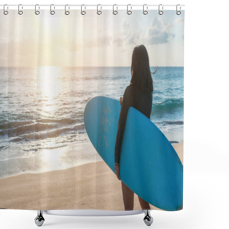 Personality  Surfer Woman Carrying Their Surfboards On Sunset Beach With Sun Light  Background Shower Curtains