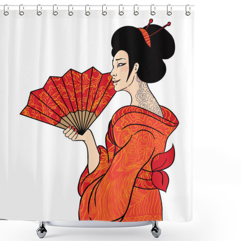 Personality  Portrait Of Traditional Beautiful Japanese Women With Fan. Geish Shower Curtains