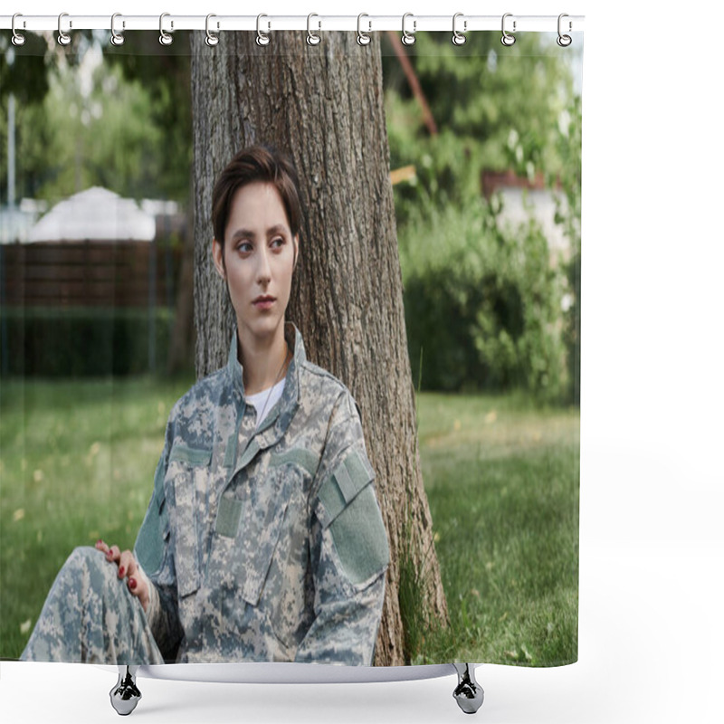 Personality  A Young Woman In Camouflage Sits Under A Tree, Reflecting On Her Return Home After Serving In The Military. Shower Curtains