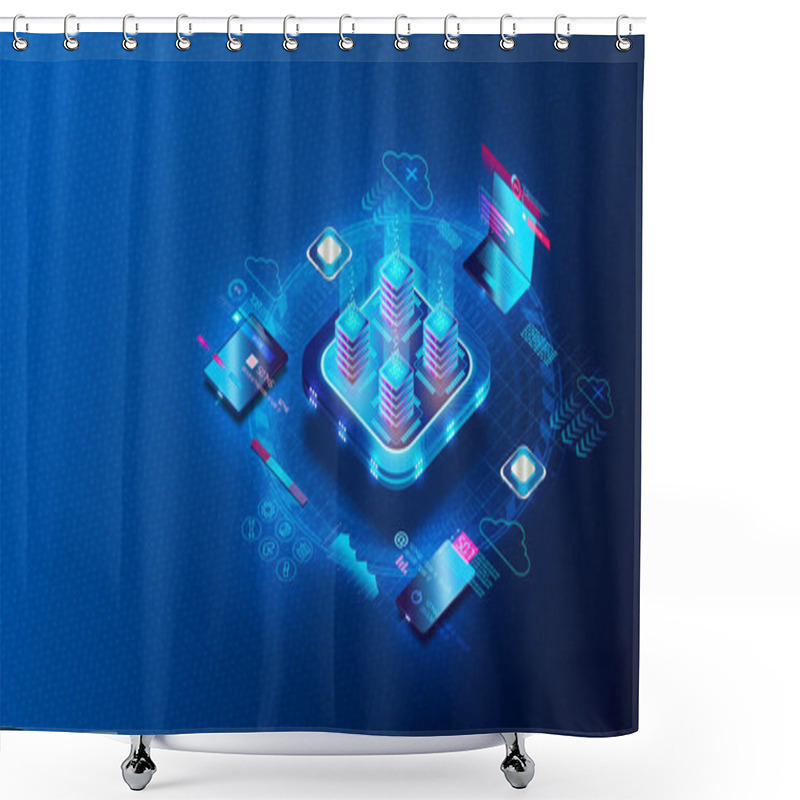 Personality  Server Virtualization Concept - Central Server Divided Into Unique And Isolated Virtual Servers Connected To Different Devices - Partitioning Of Physical Server Into Smaller Servers To Maximize Computing Resources - 3D Illustration Shower Curtains