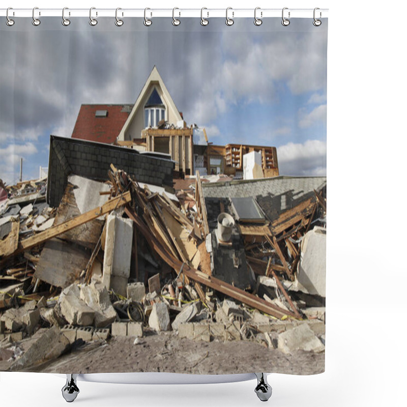 Personality  Destroyed Beach House In The Aftermath Of Hurricane Sandy In Far Rockaway, New York. Shower Curtains