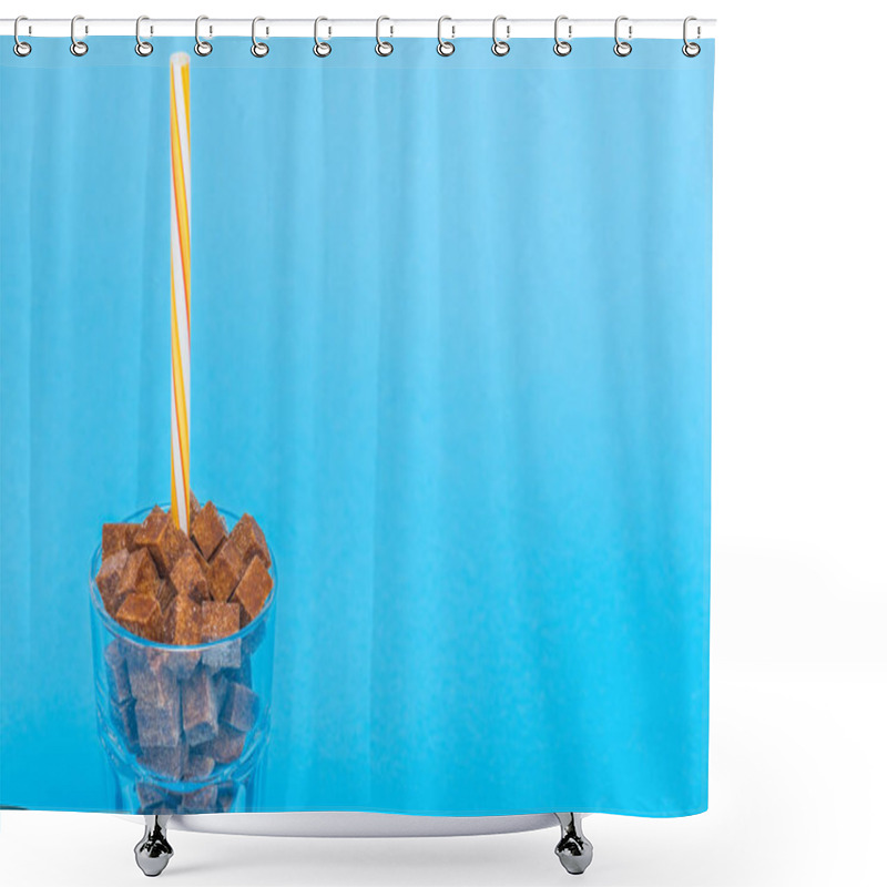 Personality  Glass With Straw And Brown Sugar Cubes Isolated On Blue With Copy Space Shower Curtains